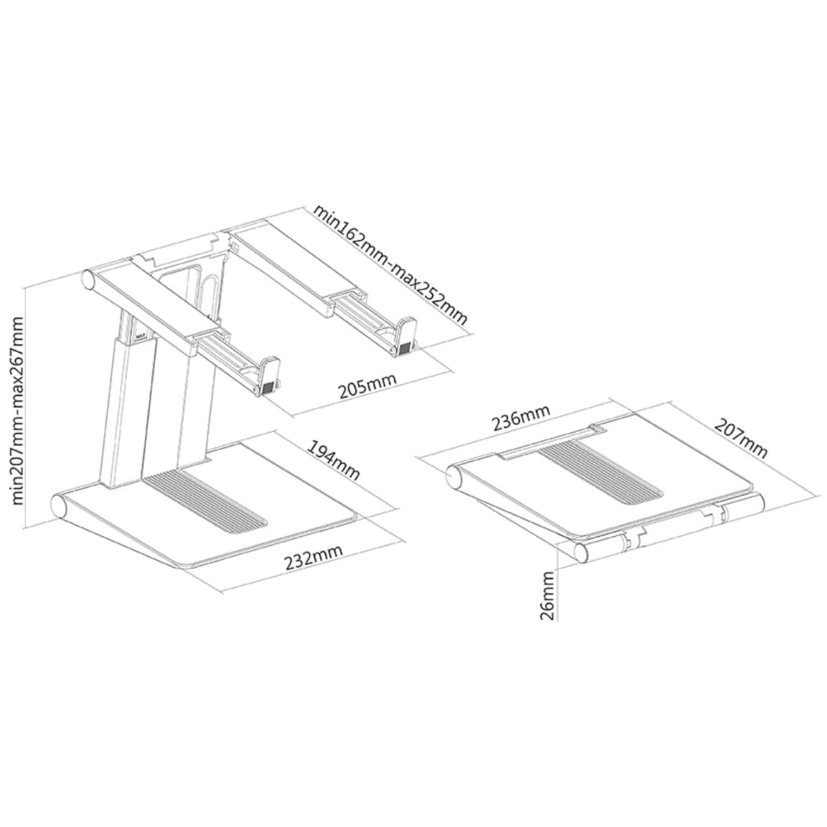 Laptop stand with dimensions labeled on a white surface.