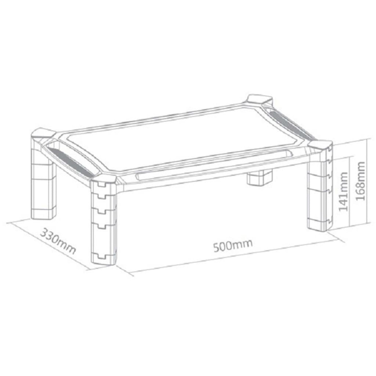 Un dessin d'un support d'ordinateur rectangulaire. Il a des pieds avec des dimensions.