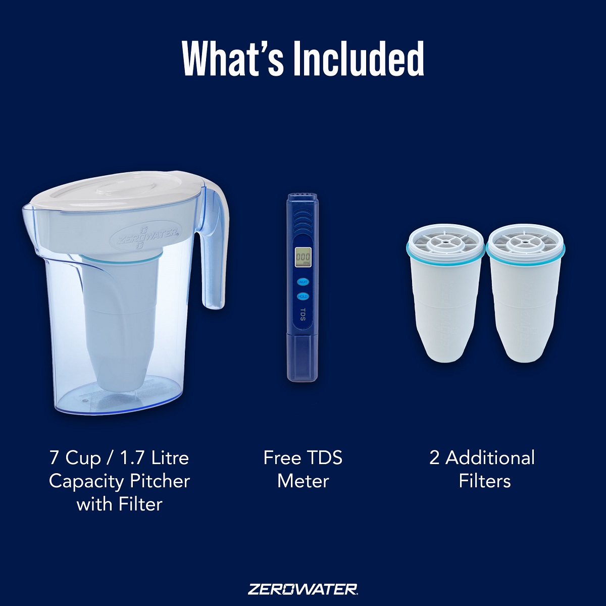 Brocca filtro acqua blu, misuratore TDS e due filtri.