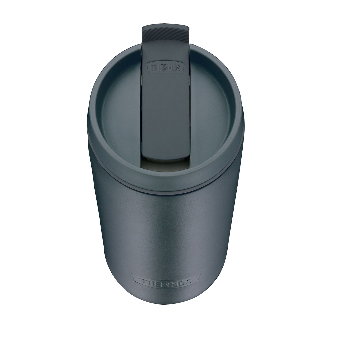 Dunkelgrauer Thermos-Reisebecher mit Klappdeckel, Draufsicht.