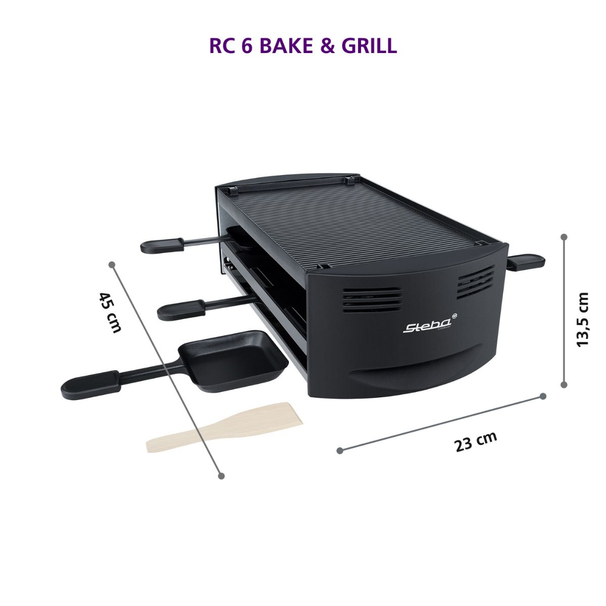Schwarzer Grill mit Abmessungen, enthält eine Pfanne und einen Holzspatel.