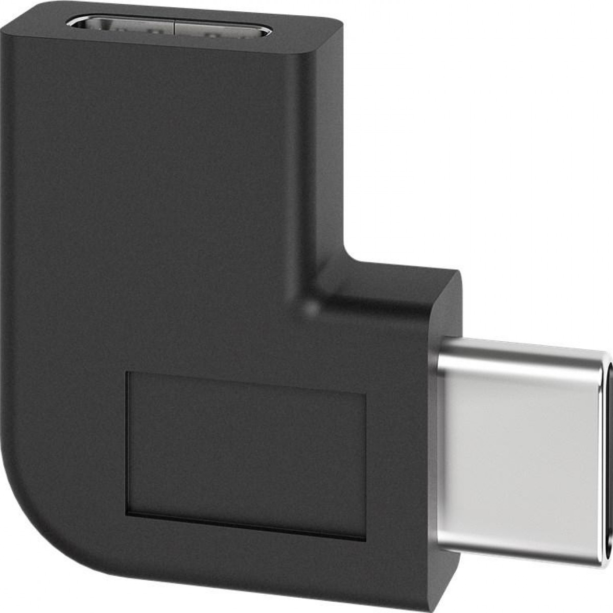Adaptador USB-C negro en forma de L. Tiene un puerto USB-C. El fondo es blanco.