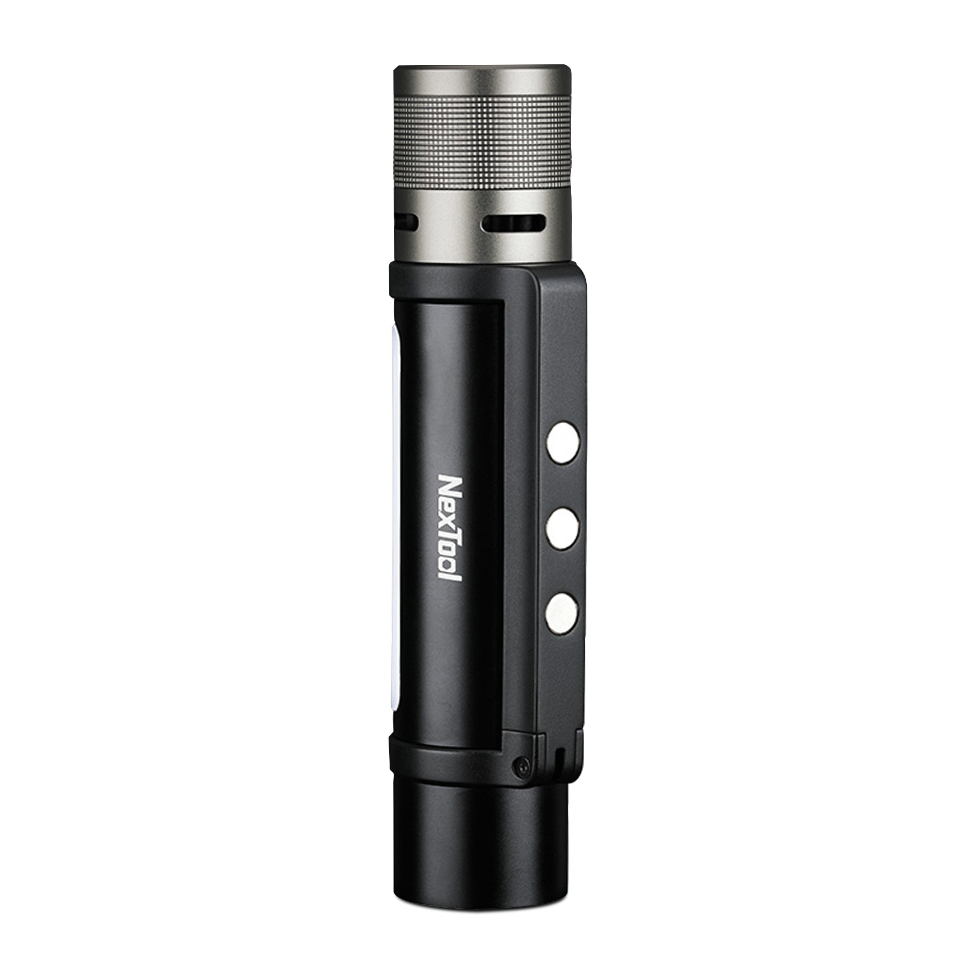 Una linterna negra con tapa plateada, tres botones blancos y la marca Nextool en el lateral.