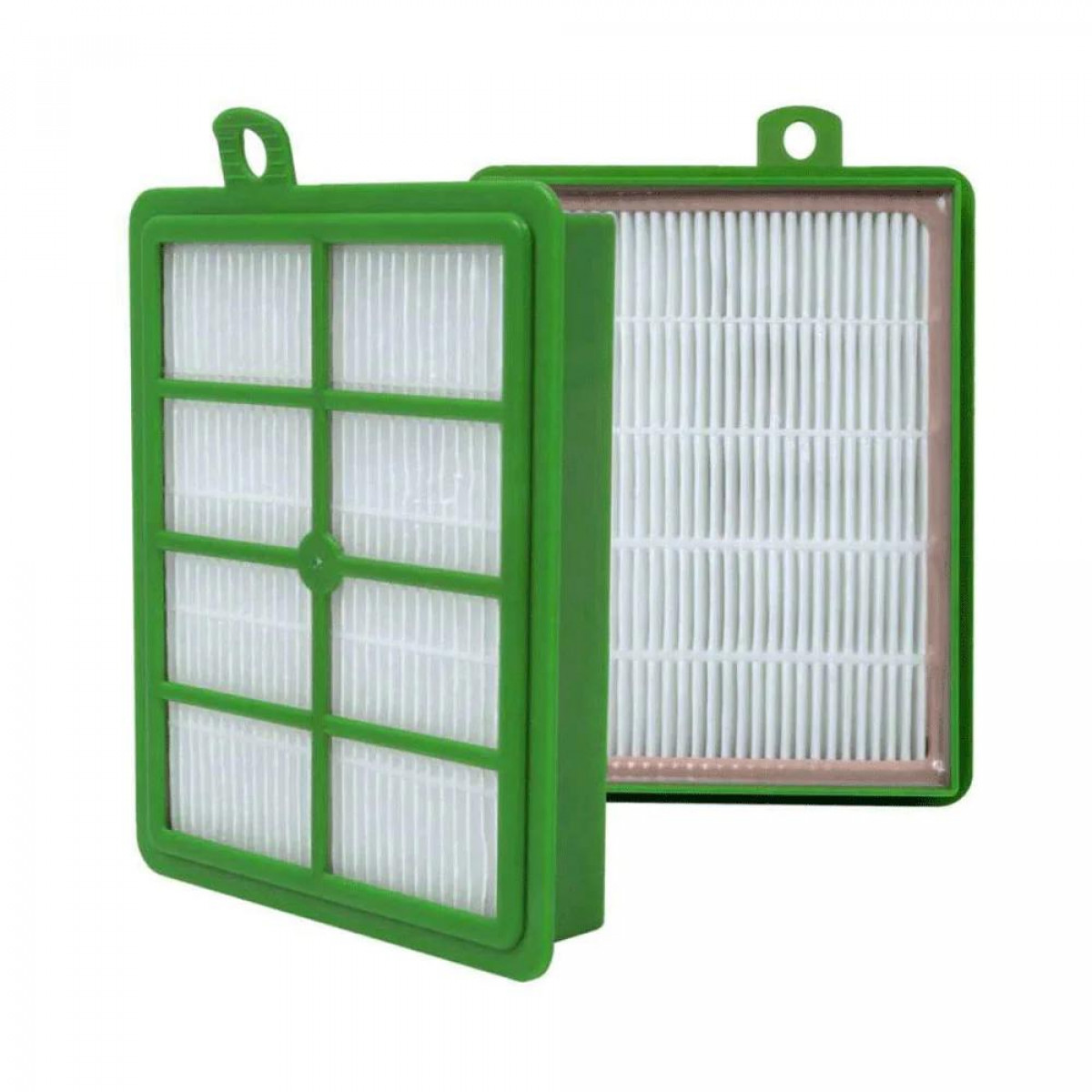 Grüner Filter mit weißem, plissiertem Filter im Inneren. Ein weiterer ist geöffnet.