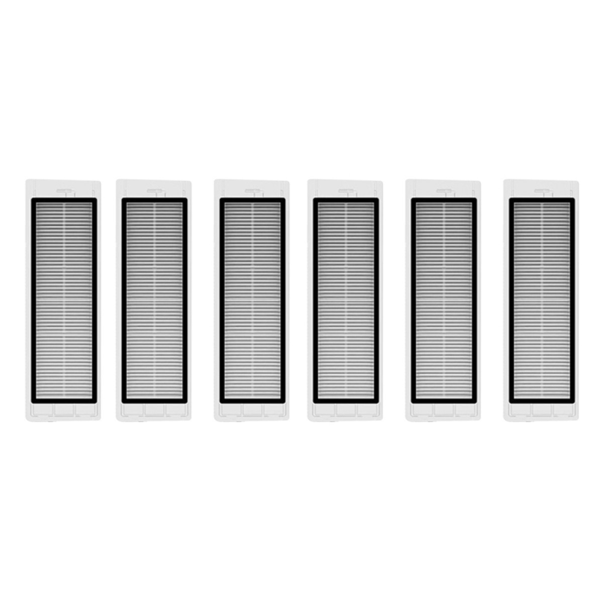 Six filtres rectangulaires blancs avec des bordures noires, disposés horizontalement.