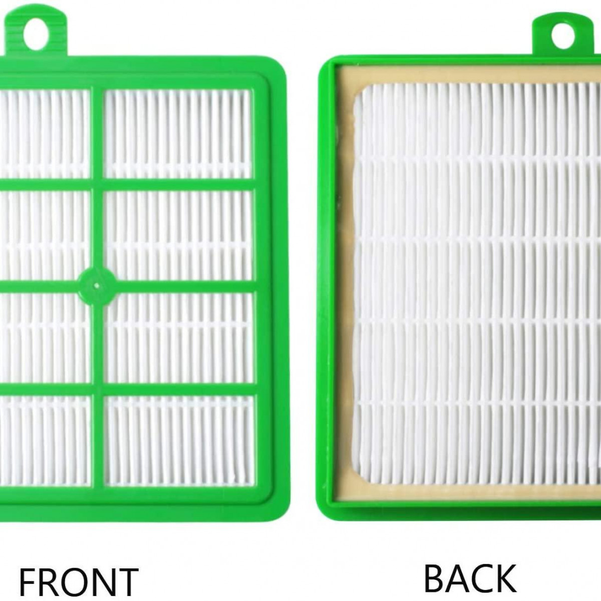 Vorder- und Rückansicht eines grün gerahmten Luftfilters mit weißem Filtermaterial im Inneren.