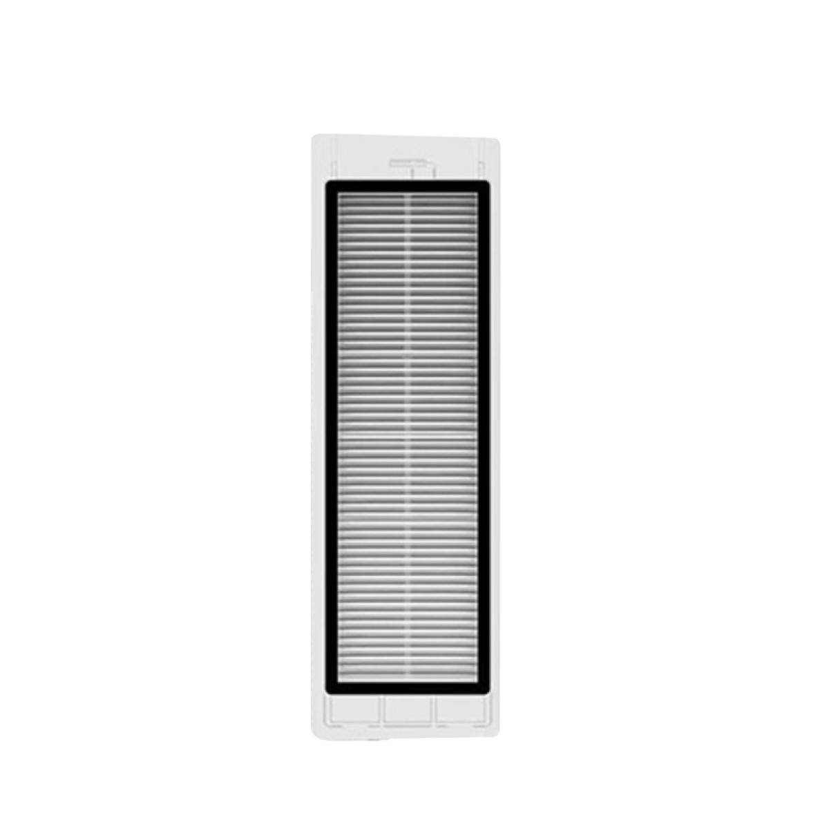 Filtre rectangulaire blanc avec bord noir, sur fond blanc. Le filtre présente des lignes parallèles.