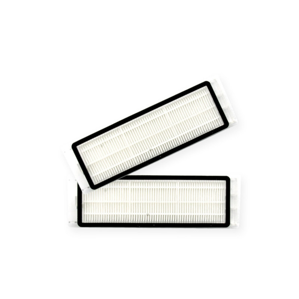 Deux filtres à air rectangulaires avec cadre noir, matériau filtrant blanc, sur fond blanc.