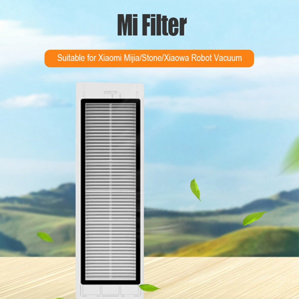 Filtre Mi pour aspirateur. Filtre blanc avec cadre noir, sur fond de ciel bleu.