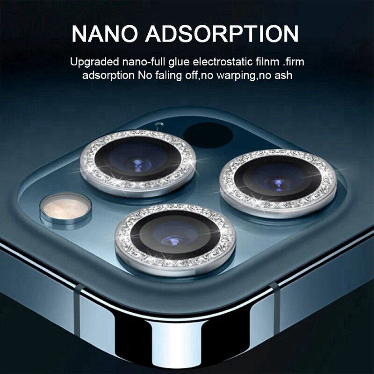 Nahaufnahme von Telefokamera-Linsenprotektoren. Text oben: Nano-Adsorption.