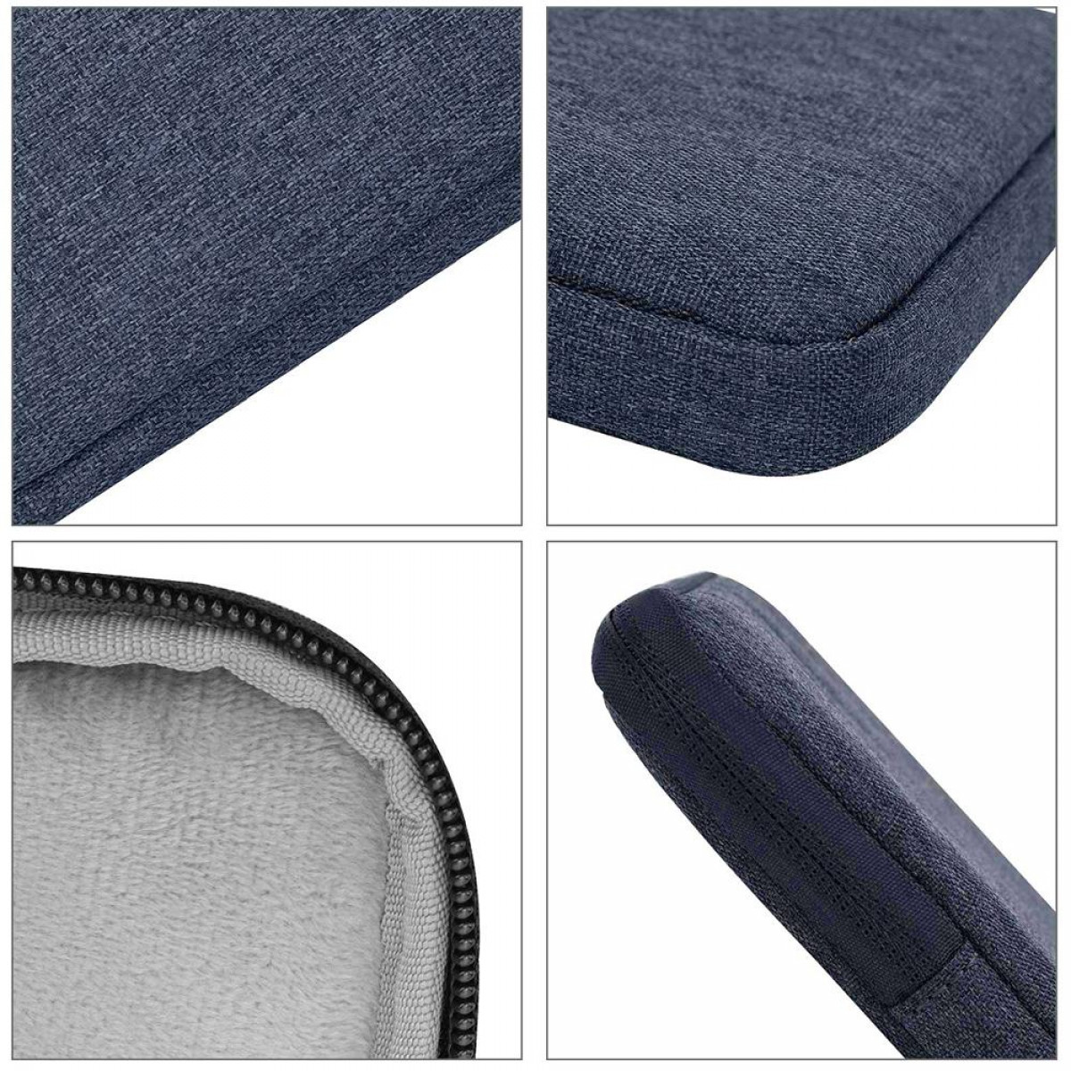 Zbliżenie granatowej torby na laptopa. Pokazuje szczegóły materiału, szwy i miękkie wnętrze.