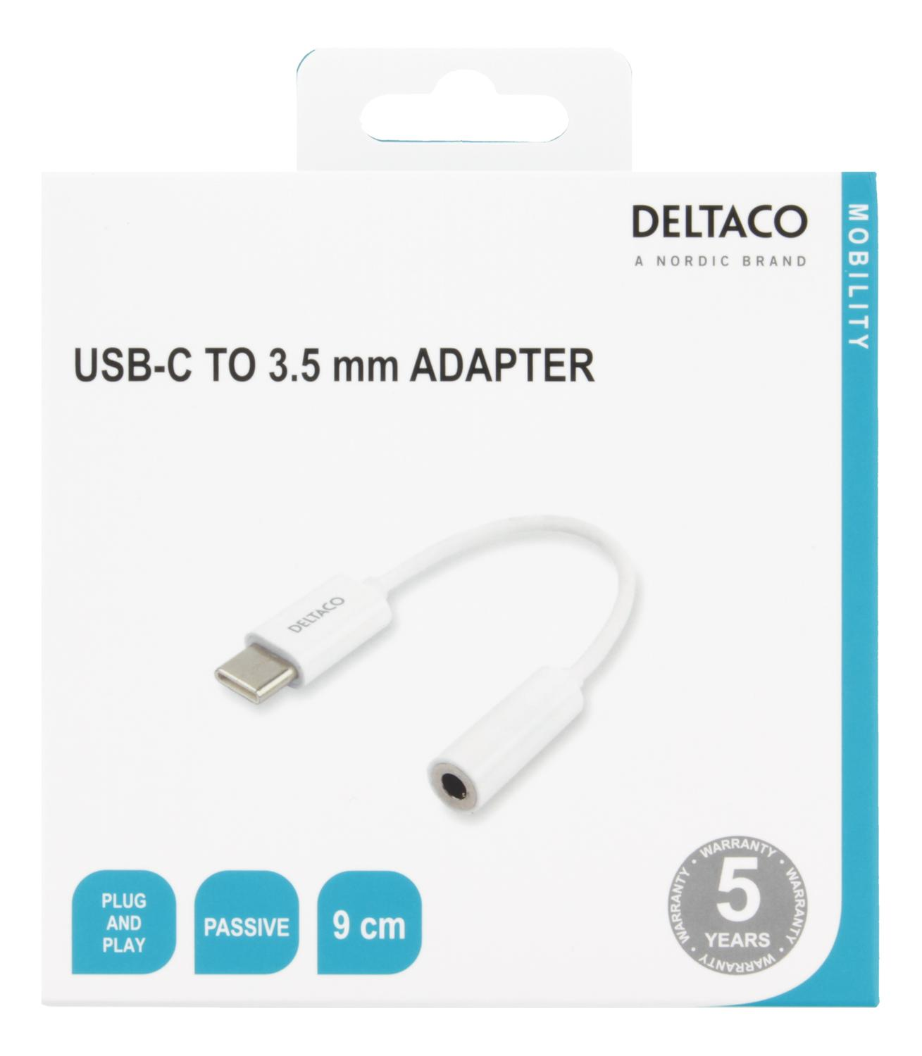 Scatola bianca con adattatore USB-C a 3,5 mm. L'adattatore è bianco con connettore argentato.