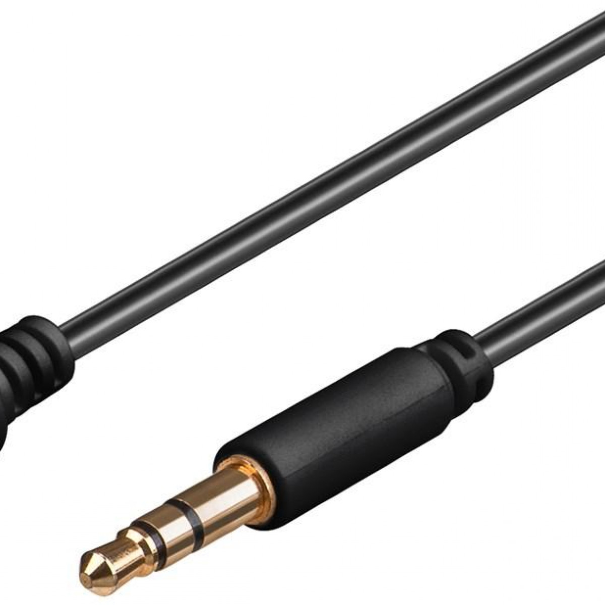 Schwarzes Audiokabel mit goldbeschichtetem 3,5-mm-Klinkenstecker, freigestellt.
