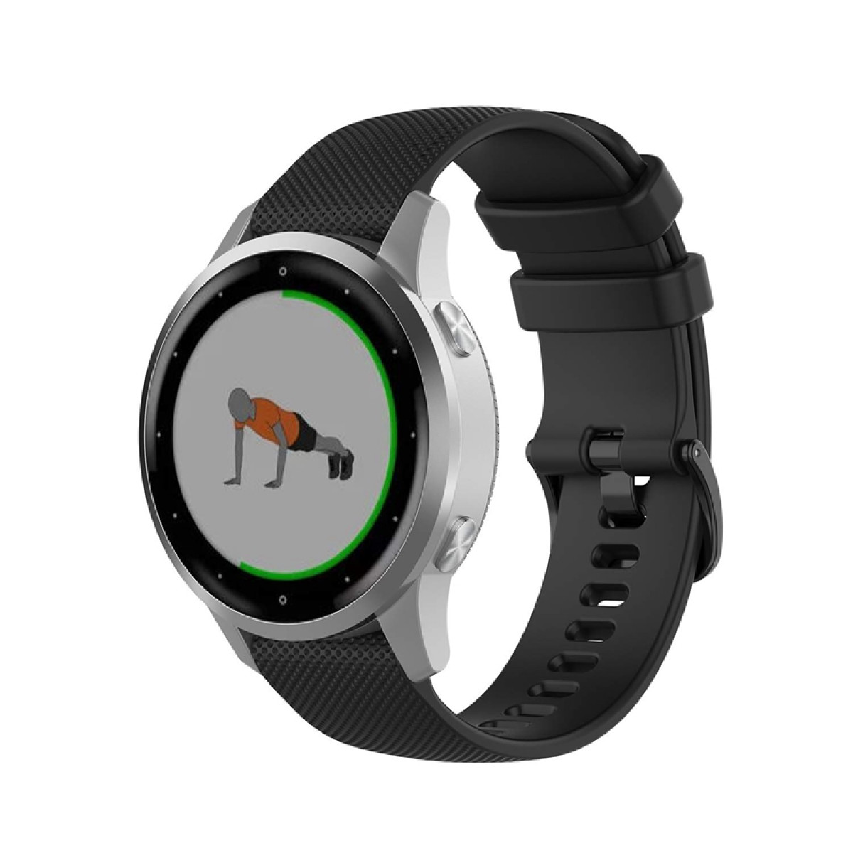Silberne und schwarze Smartwatch. Der Bildschirm zeigt einen Mann beim Liegestützen. Schwarzes Armband.