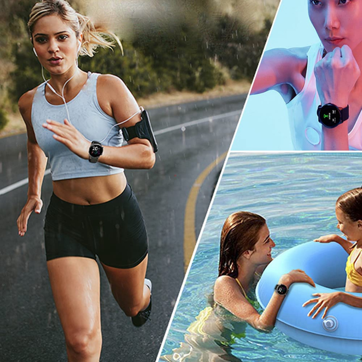 Eine Frau beim Laufen, eine Person beim Training und zwei Personen in einem Pool, alle tragen eine Smartwatch.