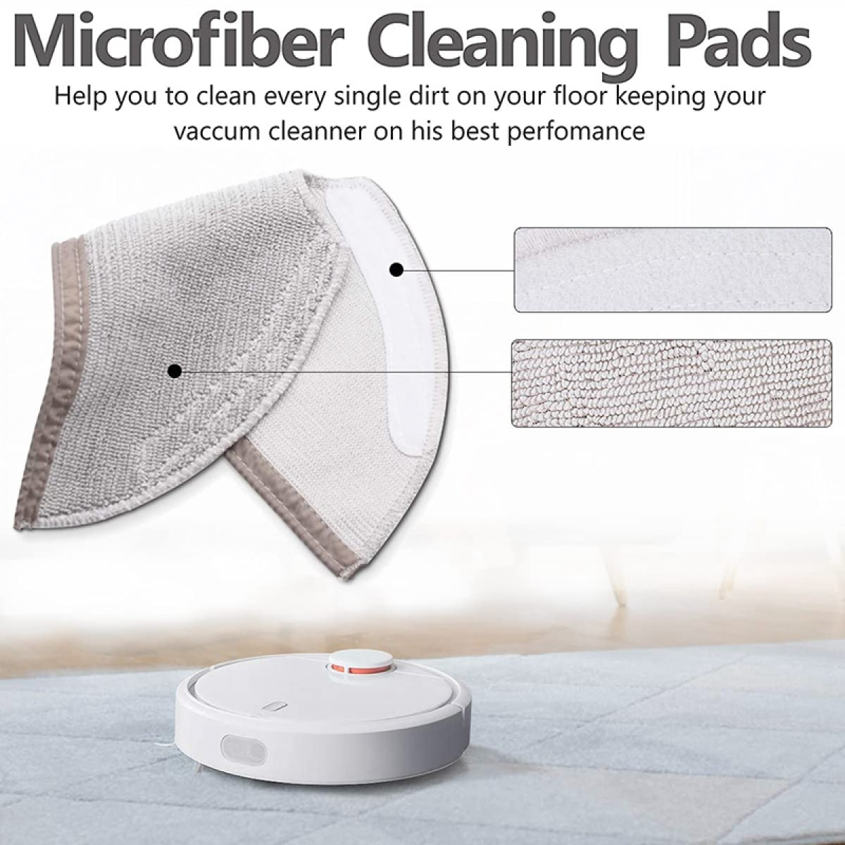 Ściereczki czyszczące z mikrofibry. Dwie podkładki leżą na podłodze z białym odkurzaczem robota.