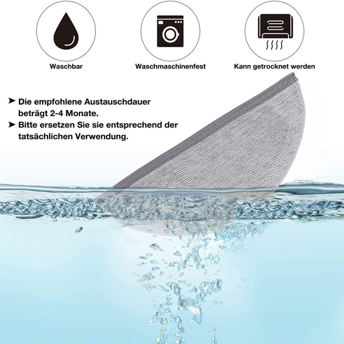 Szara nakładka czyszcząca w wodzie, z tekstem o praniu i suszeniu.