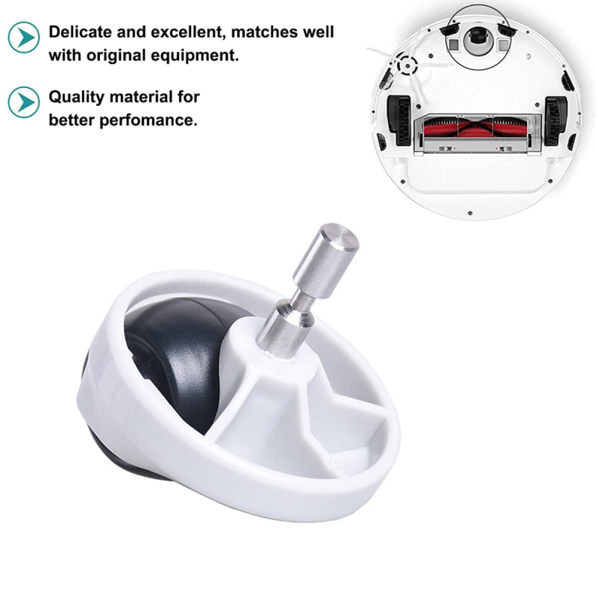 Odkurzacz robot z zapasowym kołem oraz tekstem o jakości i wydajności.