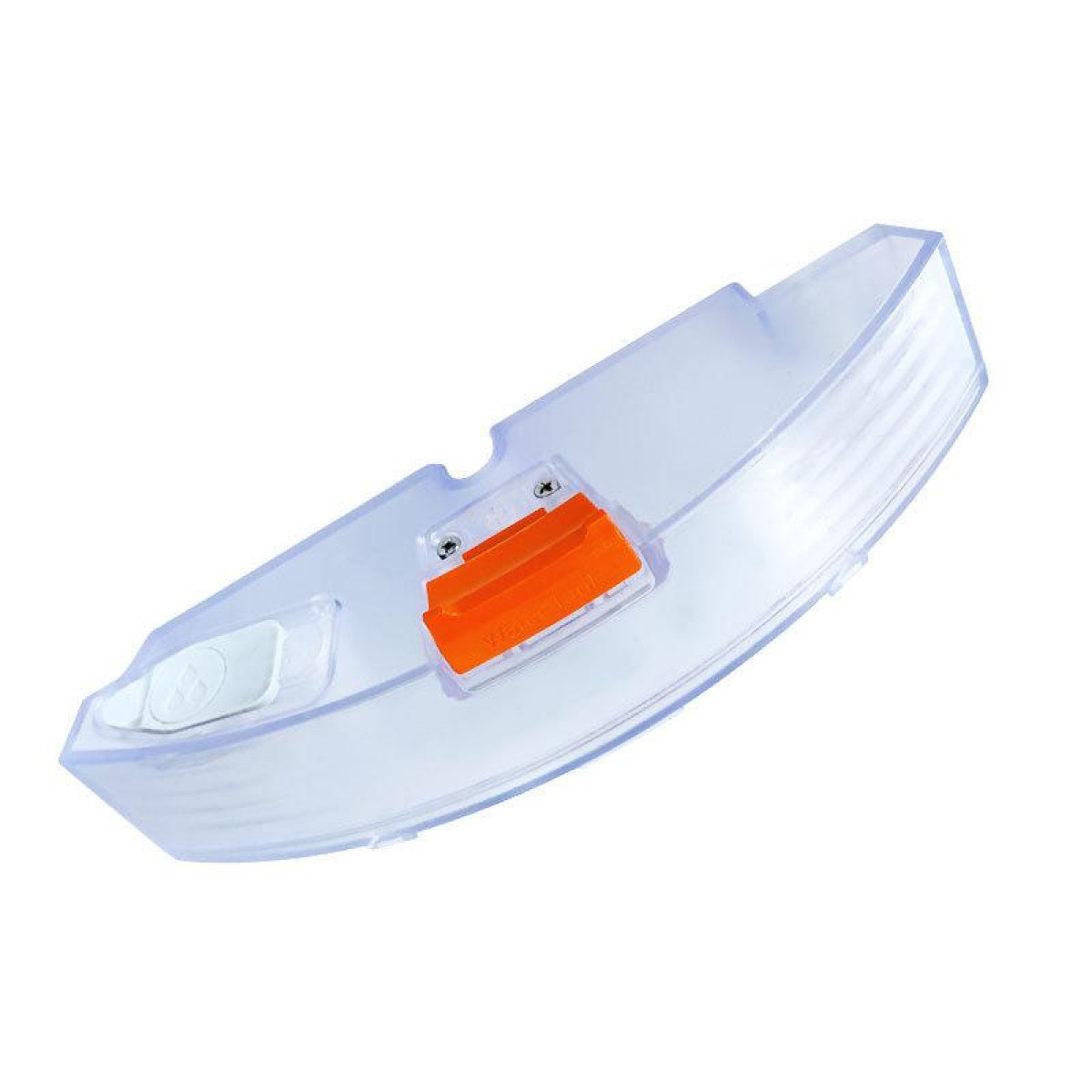 Przezroczysty plastikowy zbiornik na wodę z pomarańczową częścią w środku. Wygląda na część odkurzacza.