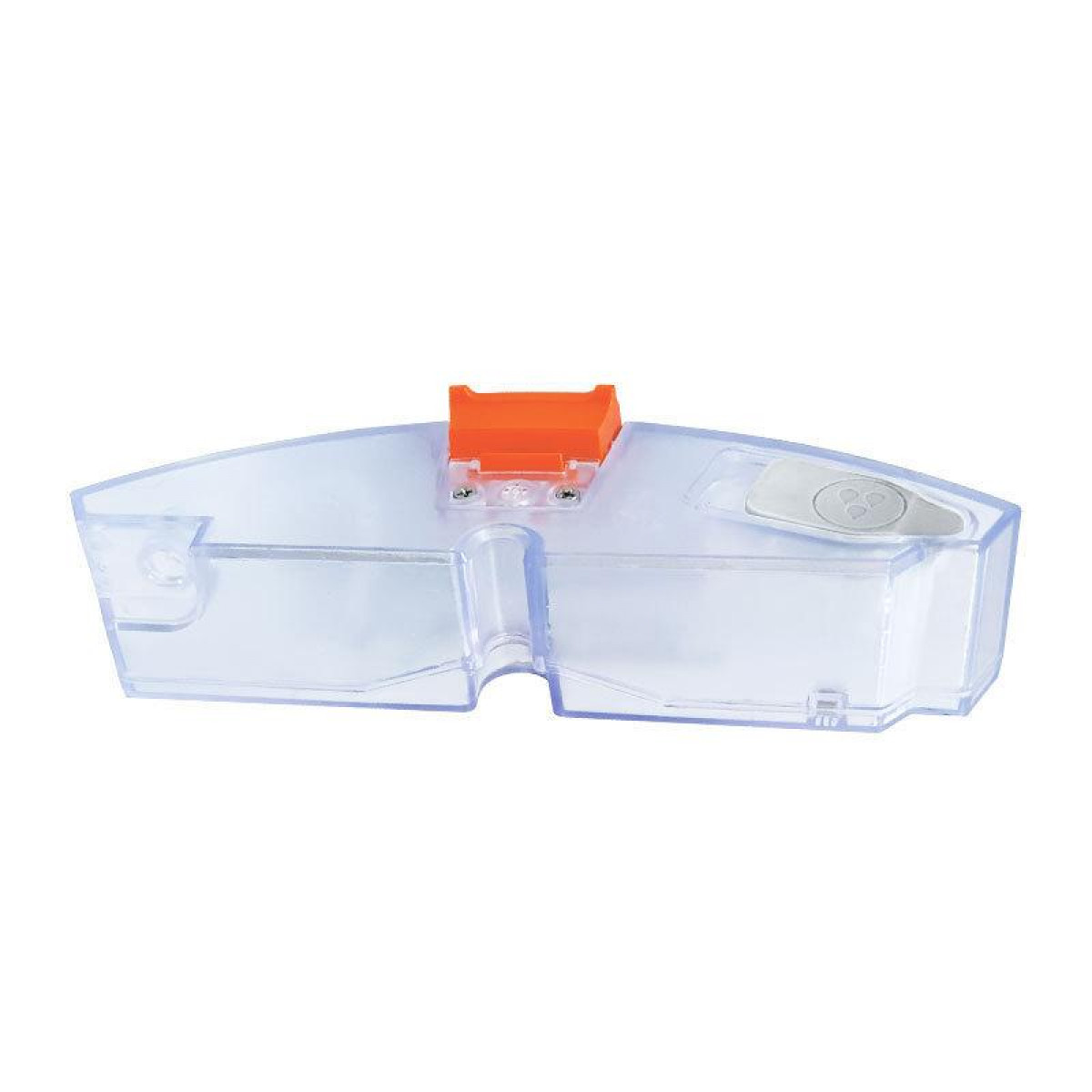 Przezroczysty zbiornik na wodę do odkurzacza z pomarańczowym uchwytem.