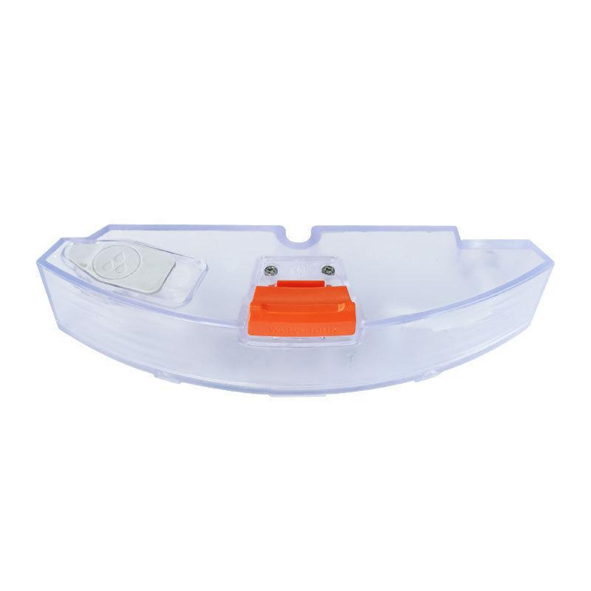 Przezroczysty plastikowy zbiornik na wodę z białą przegrodą na filtr i pomarańczową pokrywą.
