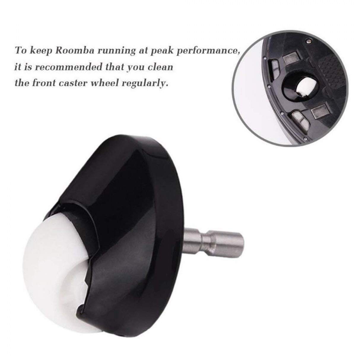 Przednie kółko Roomba z tekstem o czyszczeniu koła.