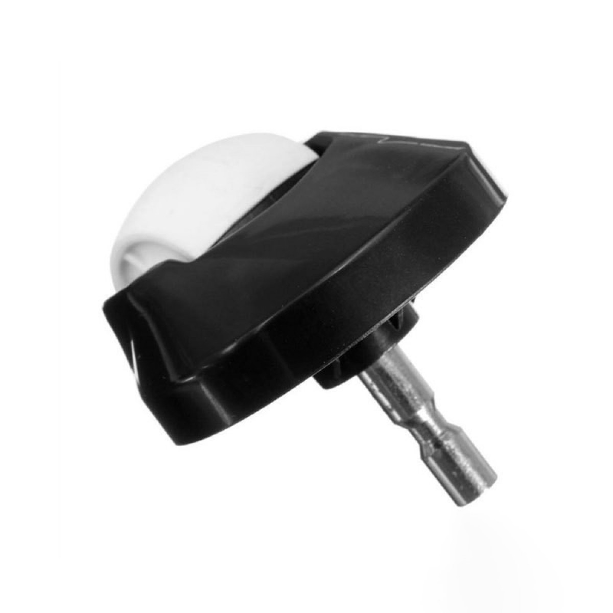 Czarno-białe koło z małą czarną podstawą i białym kołem na białym tle.