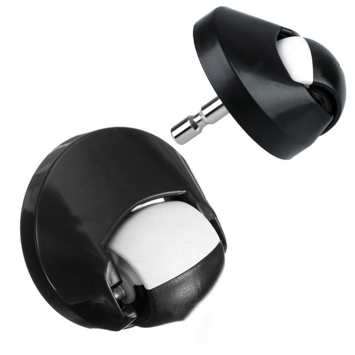 Dwa czarno-białe koła od robota odkurzającego. Jeden zdemontowany ze śrubą metalową.