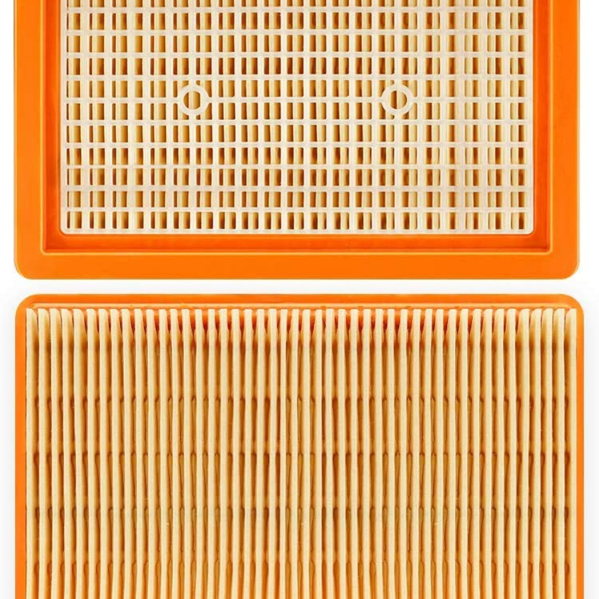 Twee rechthoekige oranje luchtfilters met een beige interieur en een witte achtergrond.
