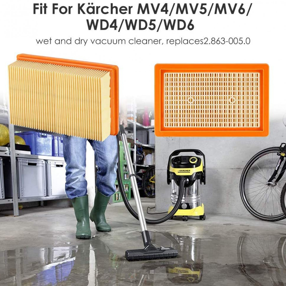 Twee filters, één geïnstalleerd. Persoon met groene laarzen stofzuigt met Kärcher in garage.