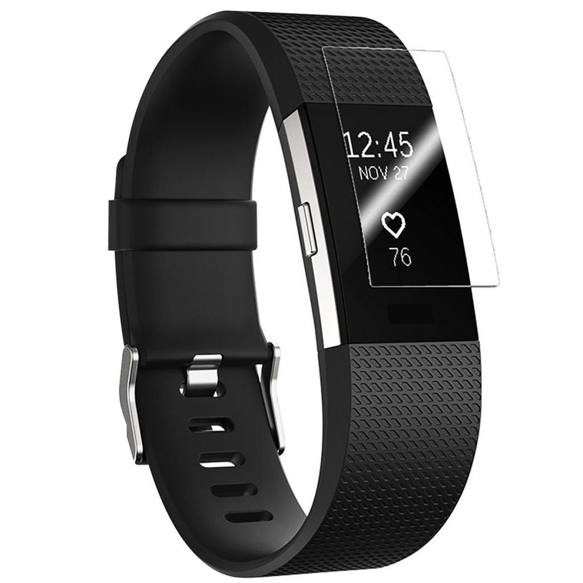 Fitness tracker nero con protezione schermo che mostra ora e icona del cuore. Sfondo bianco.