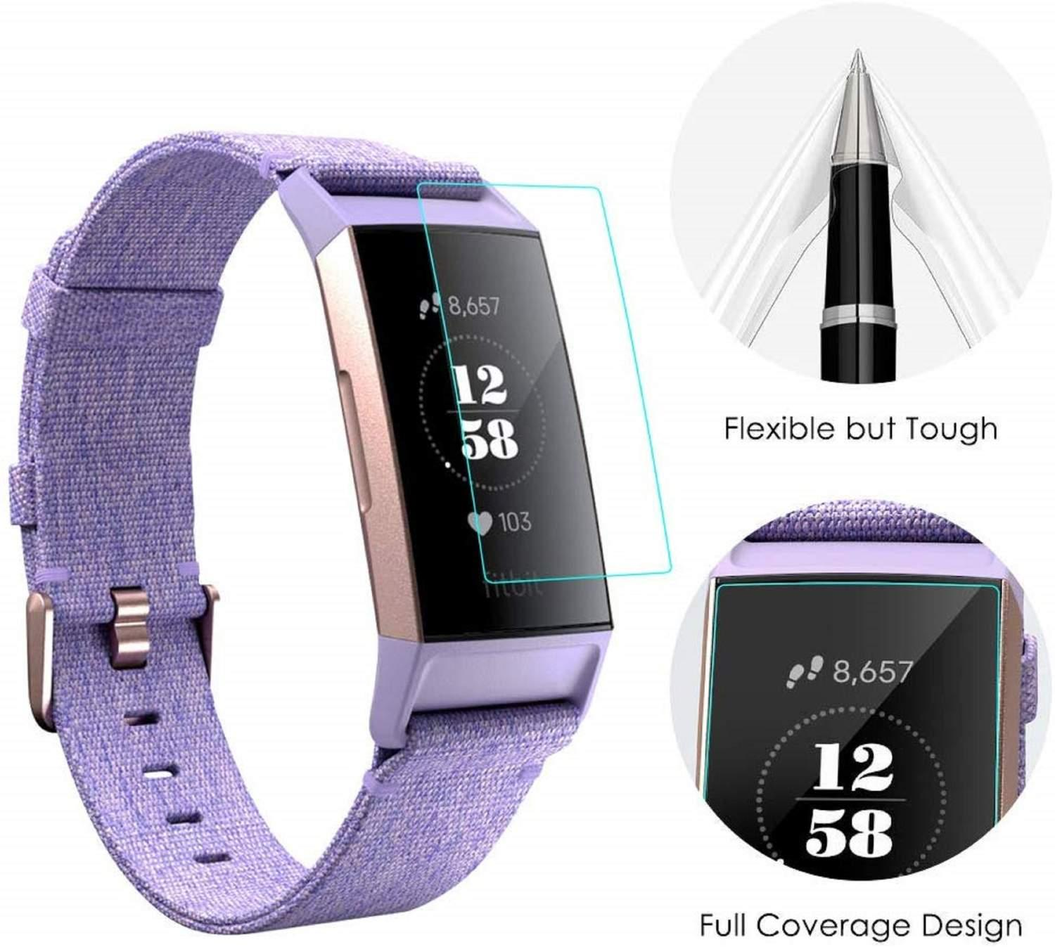 Smartwatch mit lila Armband und Displayschutzfolie, Nahaufnahme.