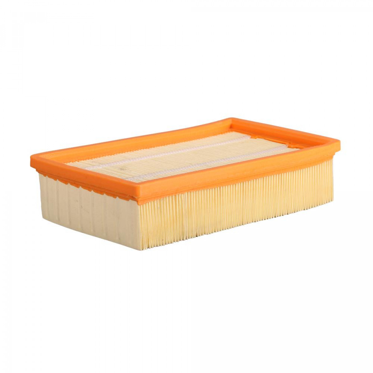 Ein orangefarbener und gelber Auto-Luftfilter mit einem orangefarbenen Rahmen.