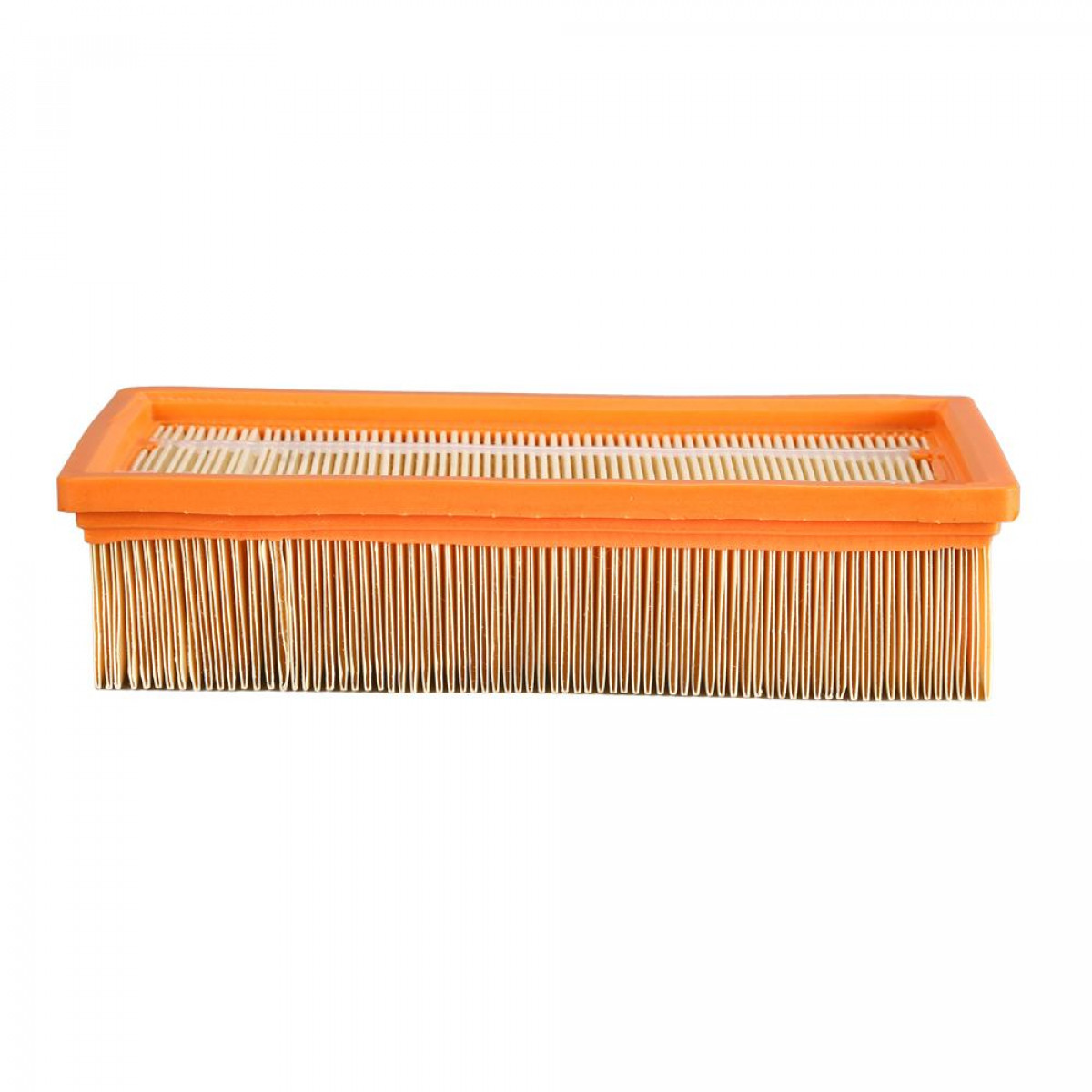 Rechteckiger Luftfilter mit orangefarbenem Rahmen und gelbem Filtermaterial.
