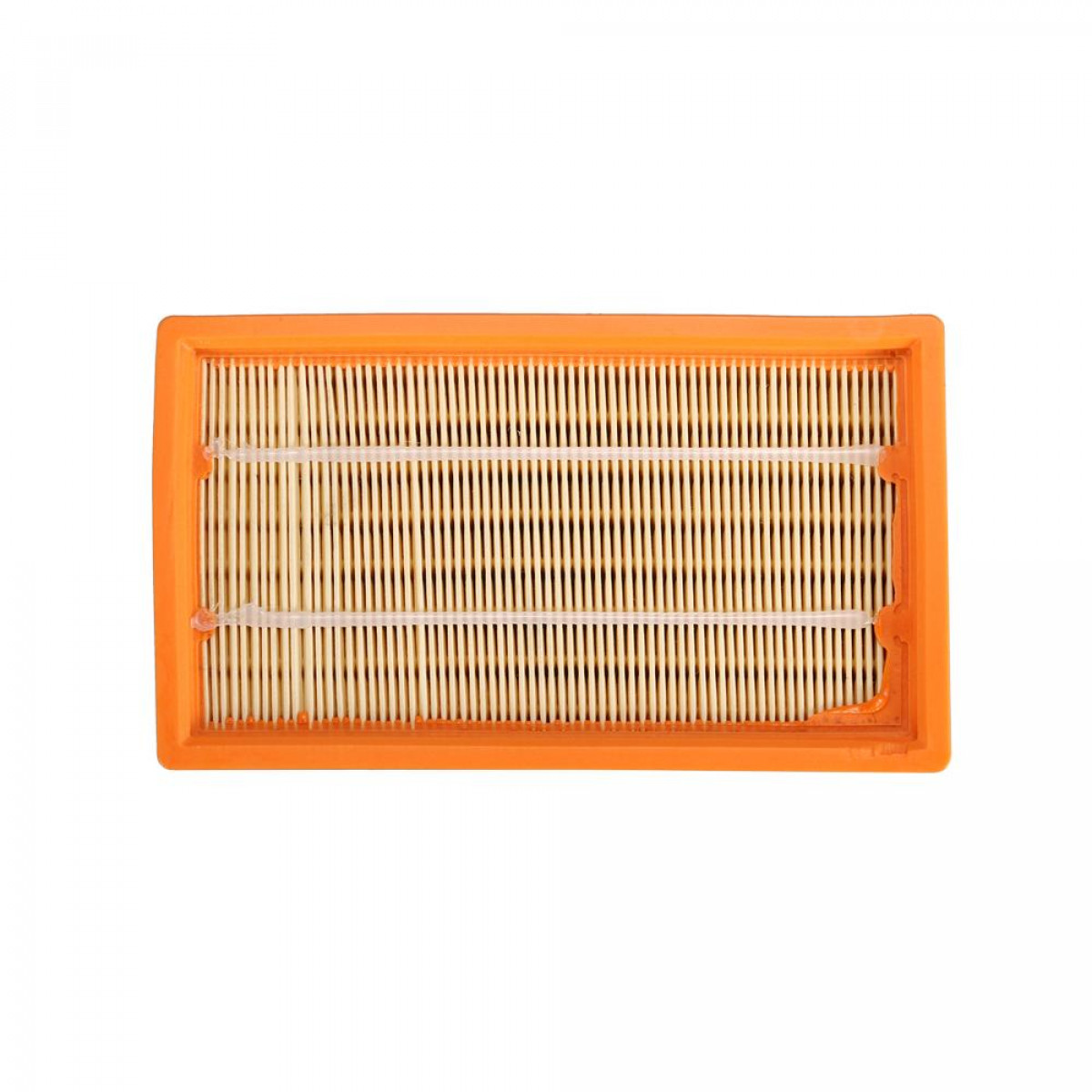 Ein orangefarbener Luftfilter. Vertikale Linien und ein gelber Innenraum.