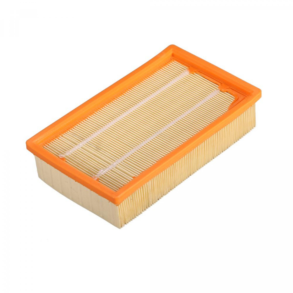 Ein orangefarbener Luftfilter mit weißem Filtermaterial und weißem Hintergrund.