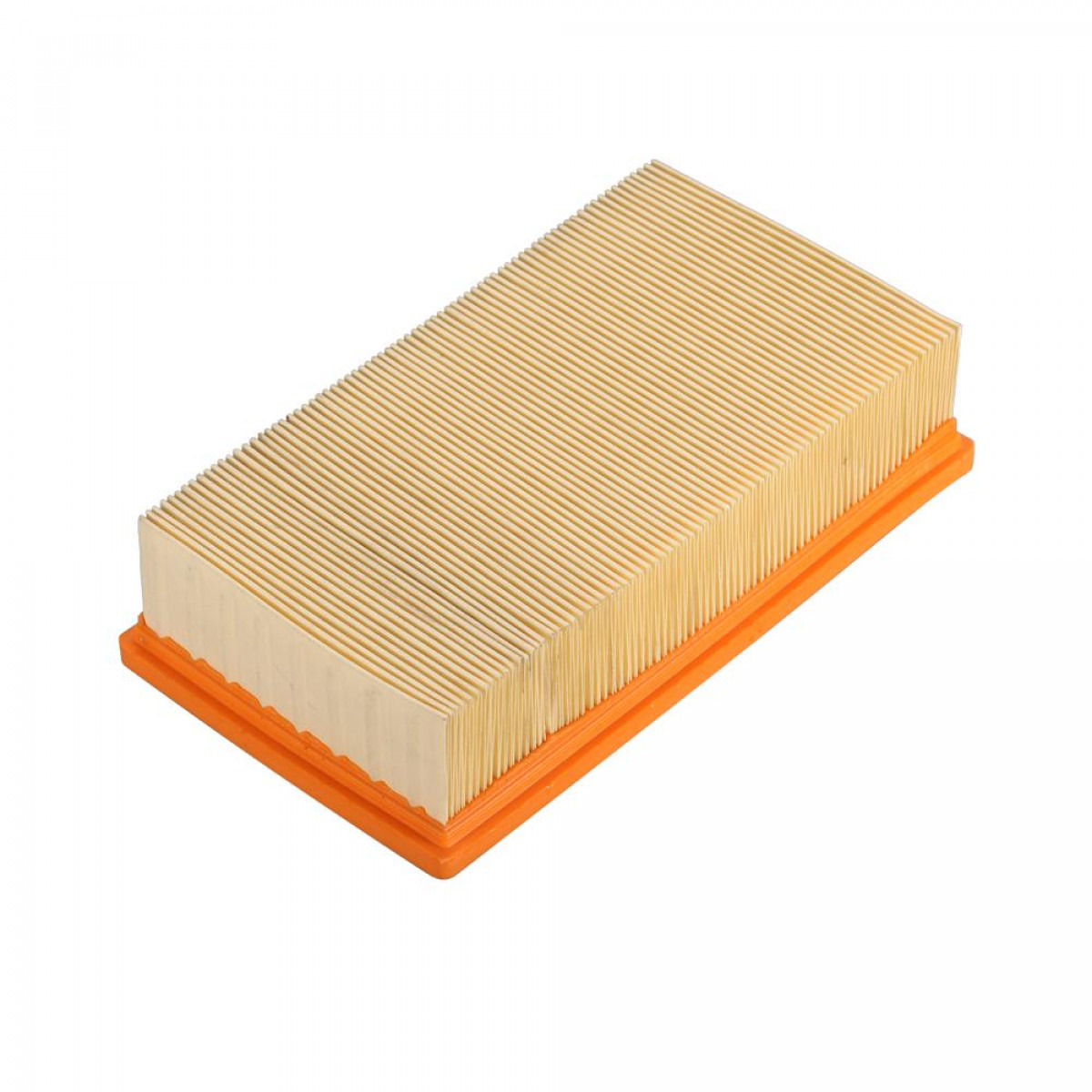 Rechteckiger Luftfilter mit beigem Filter und orangefarbenem Rahmen. Weißer Hintergrund.