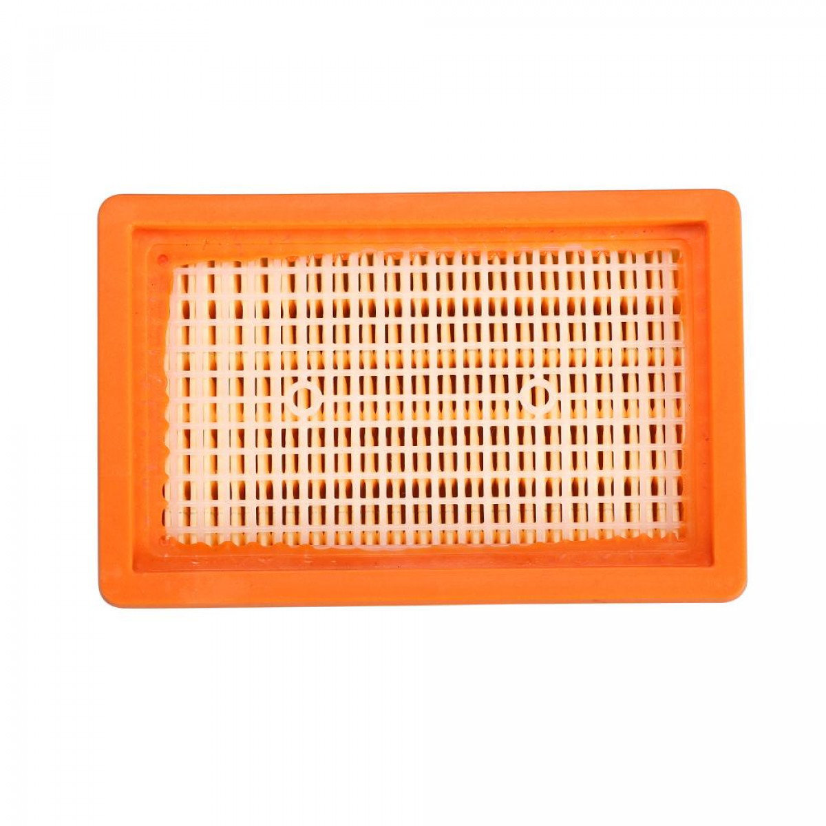 Rechteckiger Luftfilter mit orangefarbenem Rahmen und weißem Filtermaterial.