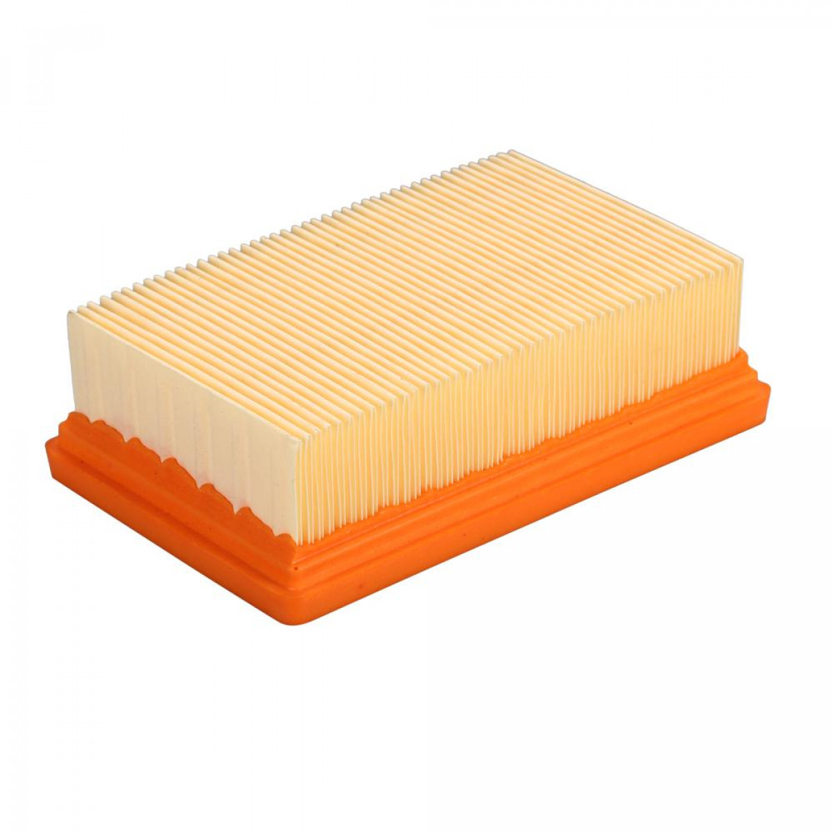 Rechteckiger Luftfilter, orangefarbener Rahmen und gefaltetes, gelb-weißes Filtermaterial innen.