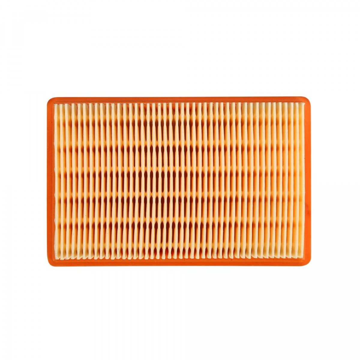 Rechteckiger Luftfilter mit orangefarbenem Rahmen und gelbem Filtermedium.