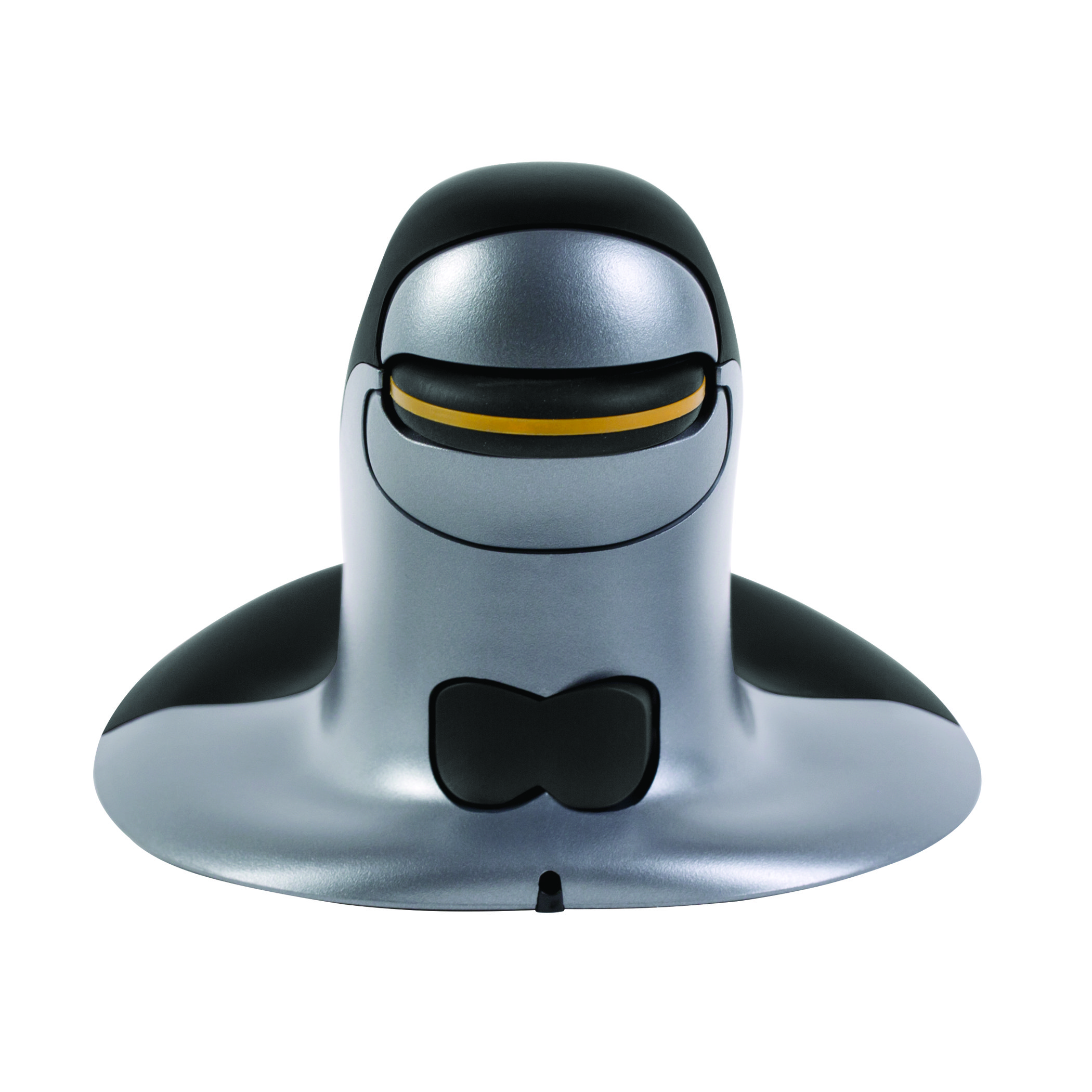 Mysz pionowa, szara i czarna, z żółtą linią. Widok z góry.