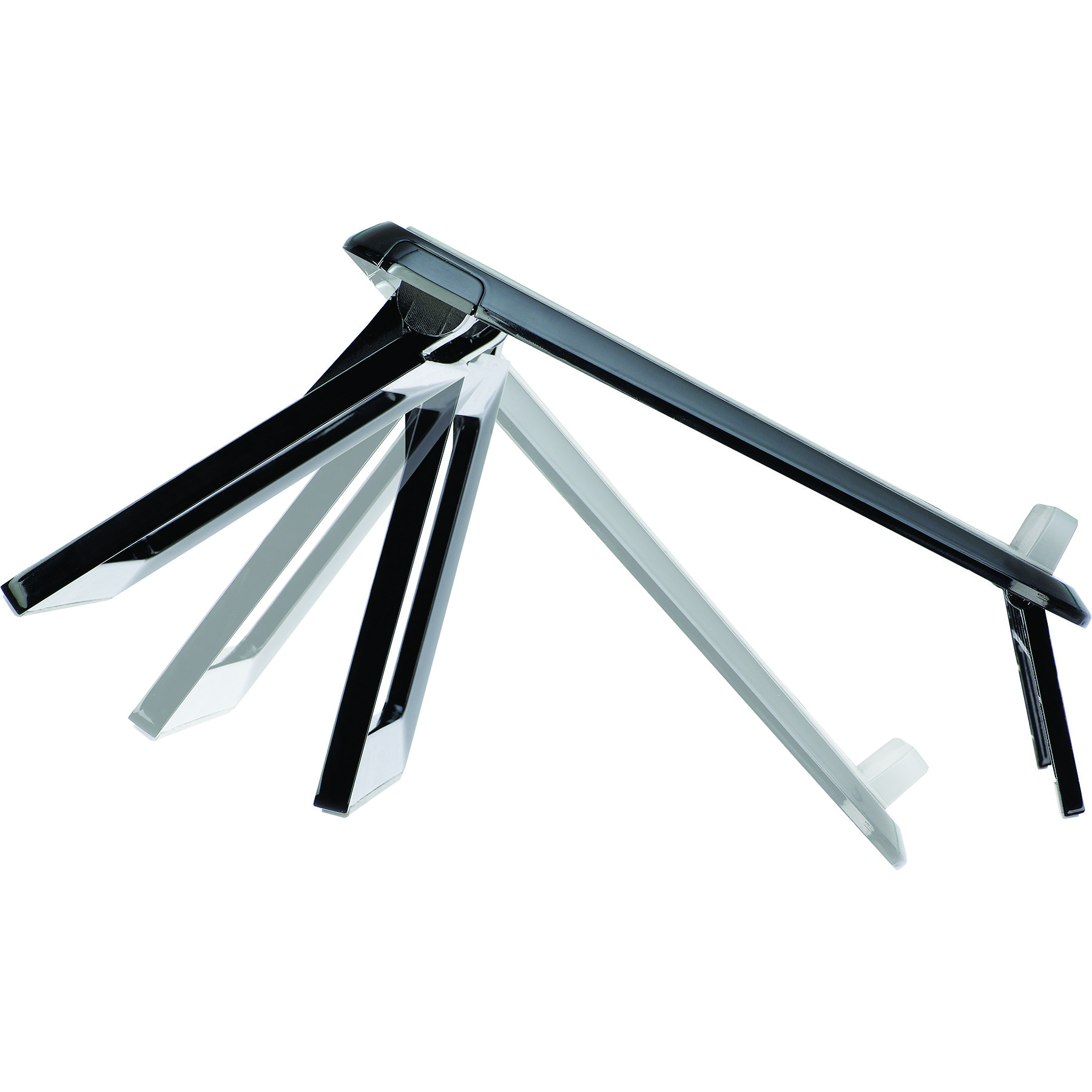 Czarny stojak na telefon w wielu pozycjach na białym tle.