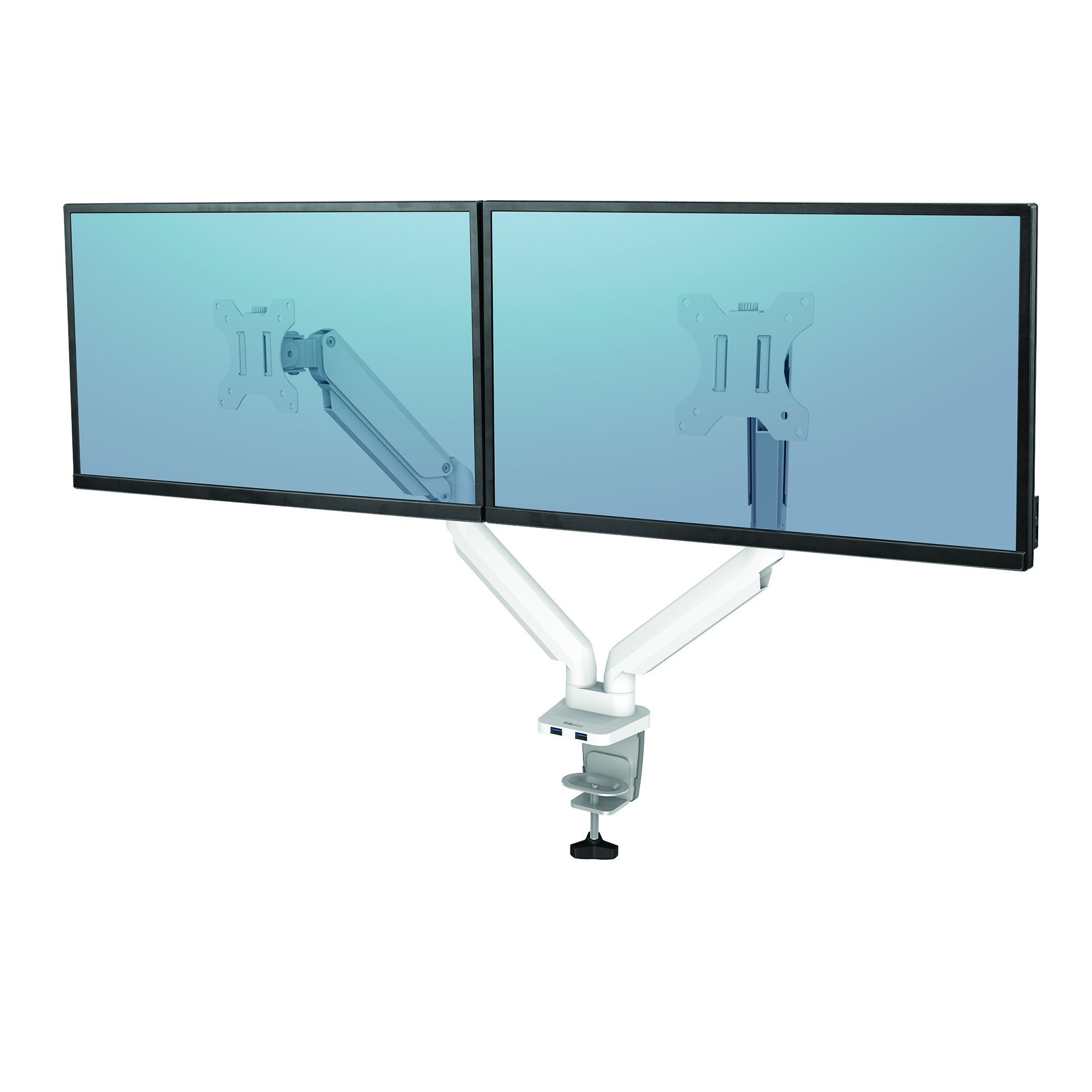 Two computer monitors on a white stand. They are side by side, and have a blue hue.