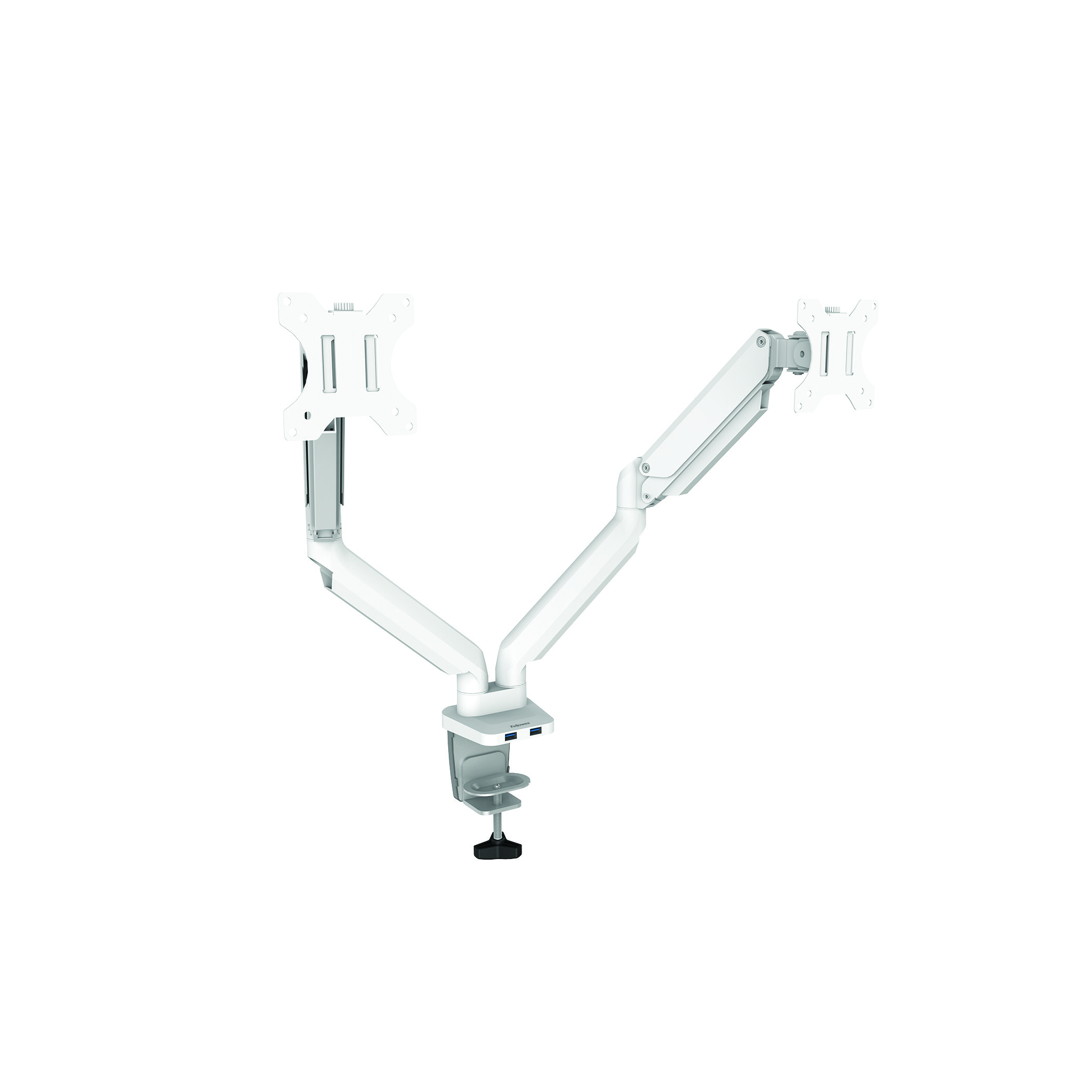 A dual monitor arm mount. The mount is white, with two arms, and a clamp base on a white surface.