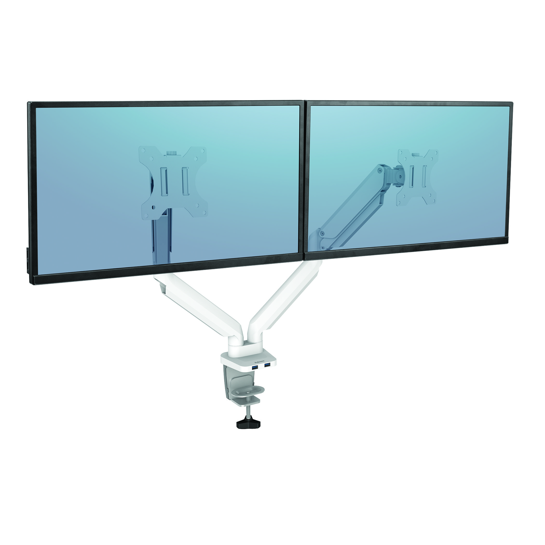 Dual monitor mount with two screens, white arms, and a clamp base.