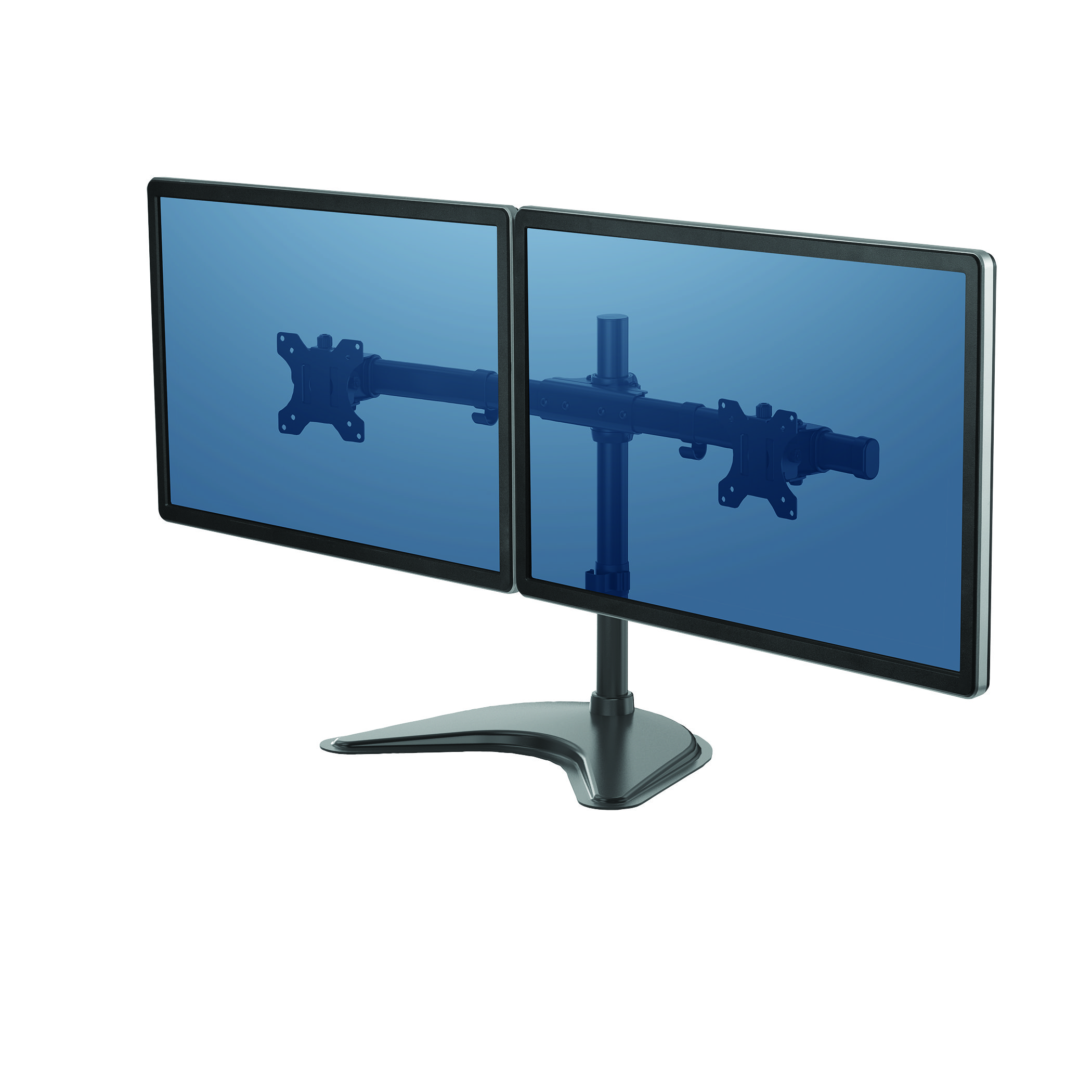 Zwei Computermonitore auf einem Ständer. Dunkle Bildschirme und ein schwarzer Ständer.