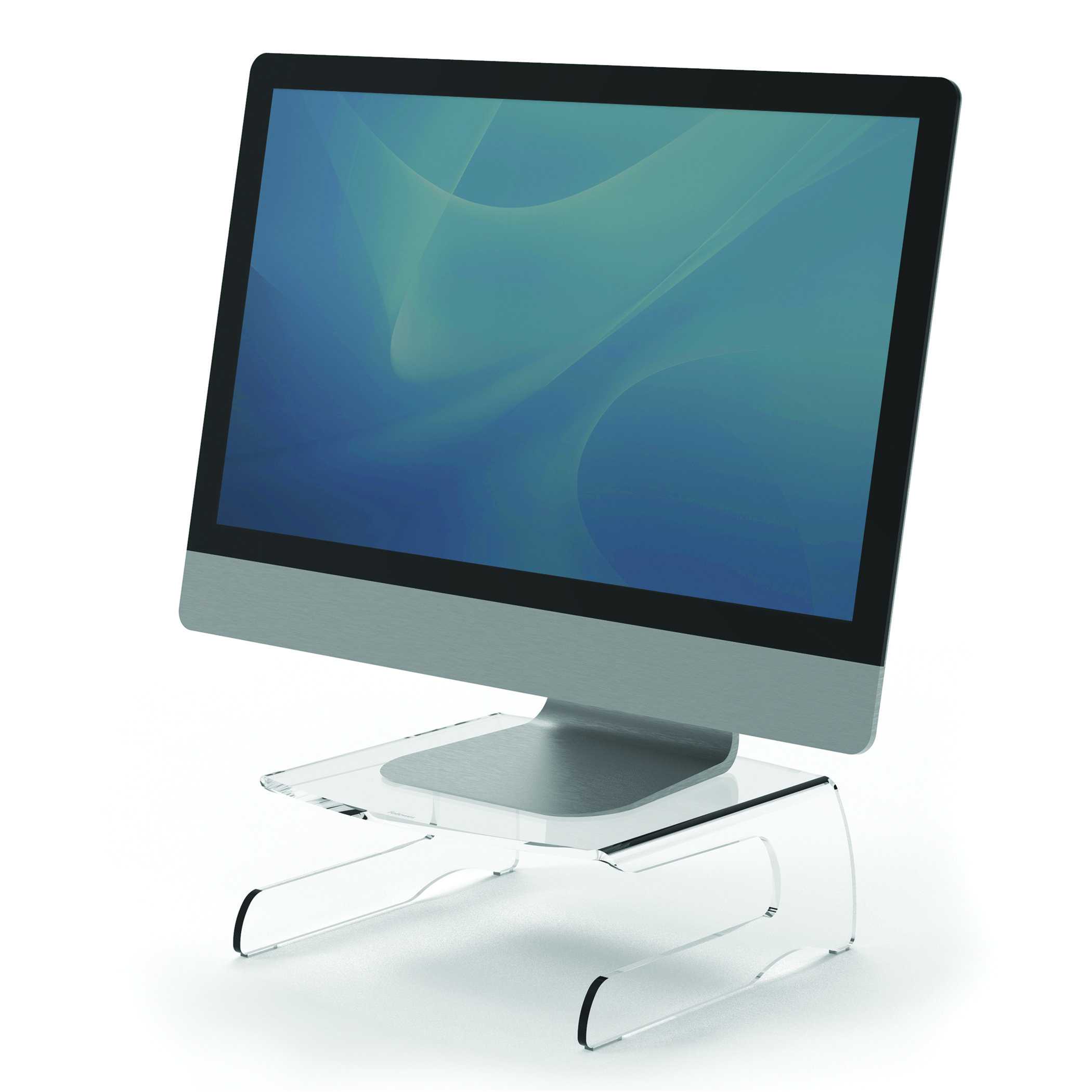 Computermonitor auf einem durchsichtigen Acrylständer, weißer Hintergrund.