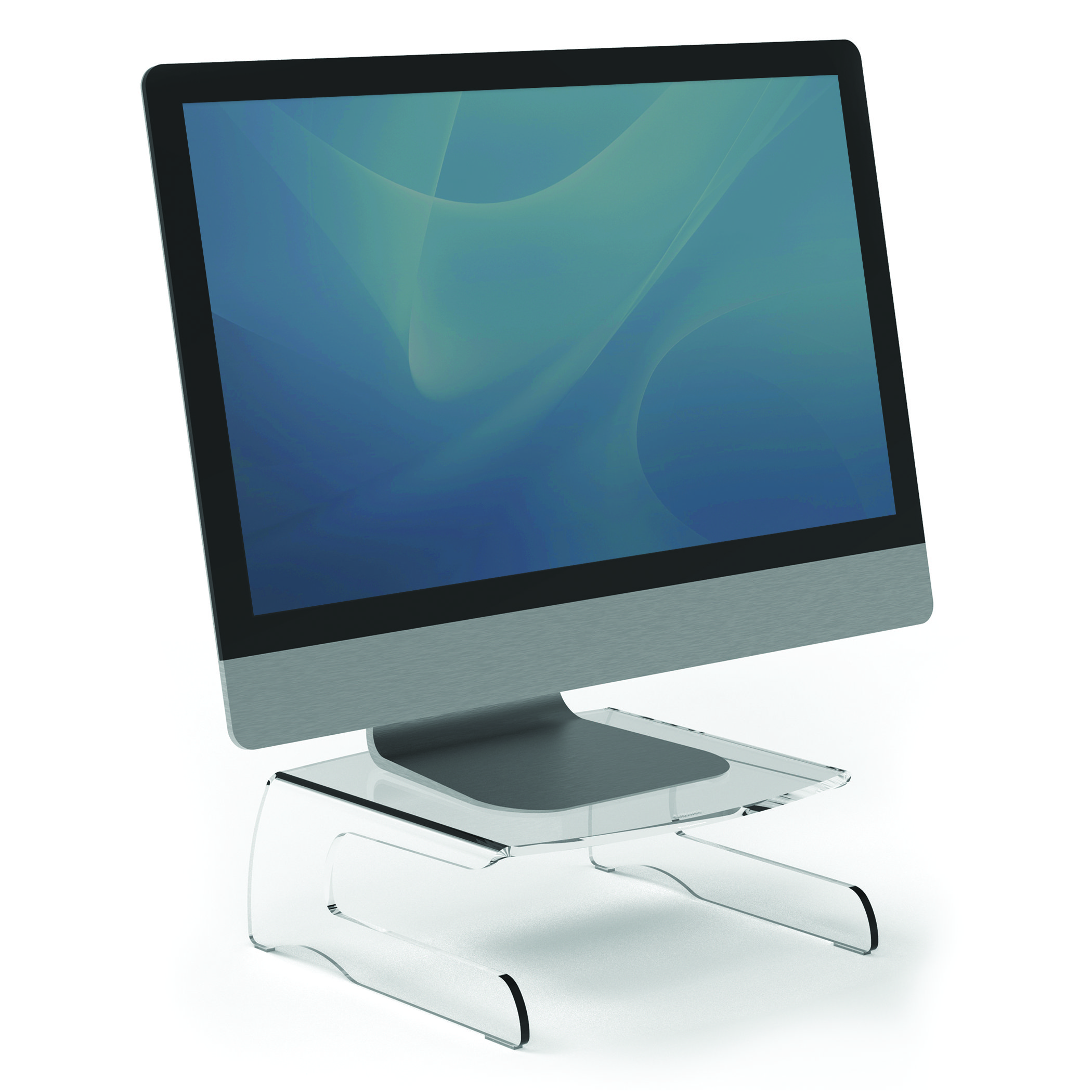 Ein Computermonitor auf einem transparenten Ständer. Der Ständer ist transparent.