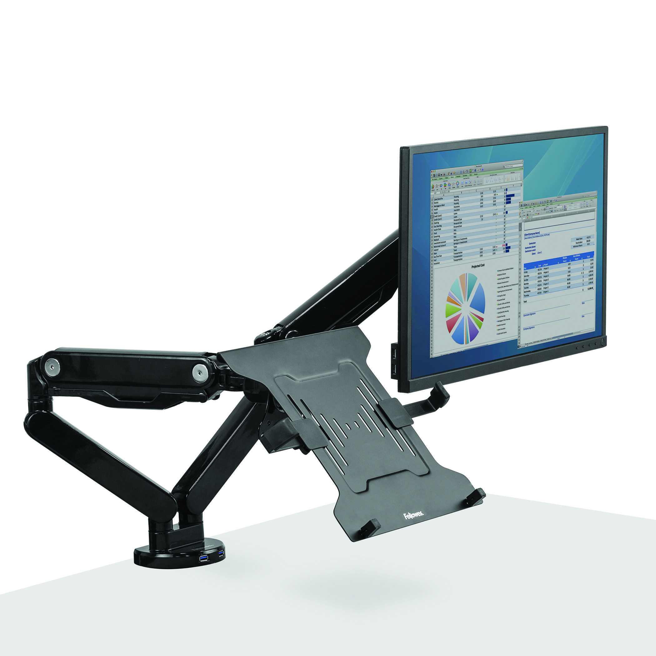 Monitor i stojak na laptopa ustawione na biurku. Monitor wyświetla wykres.