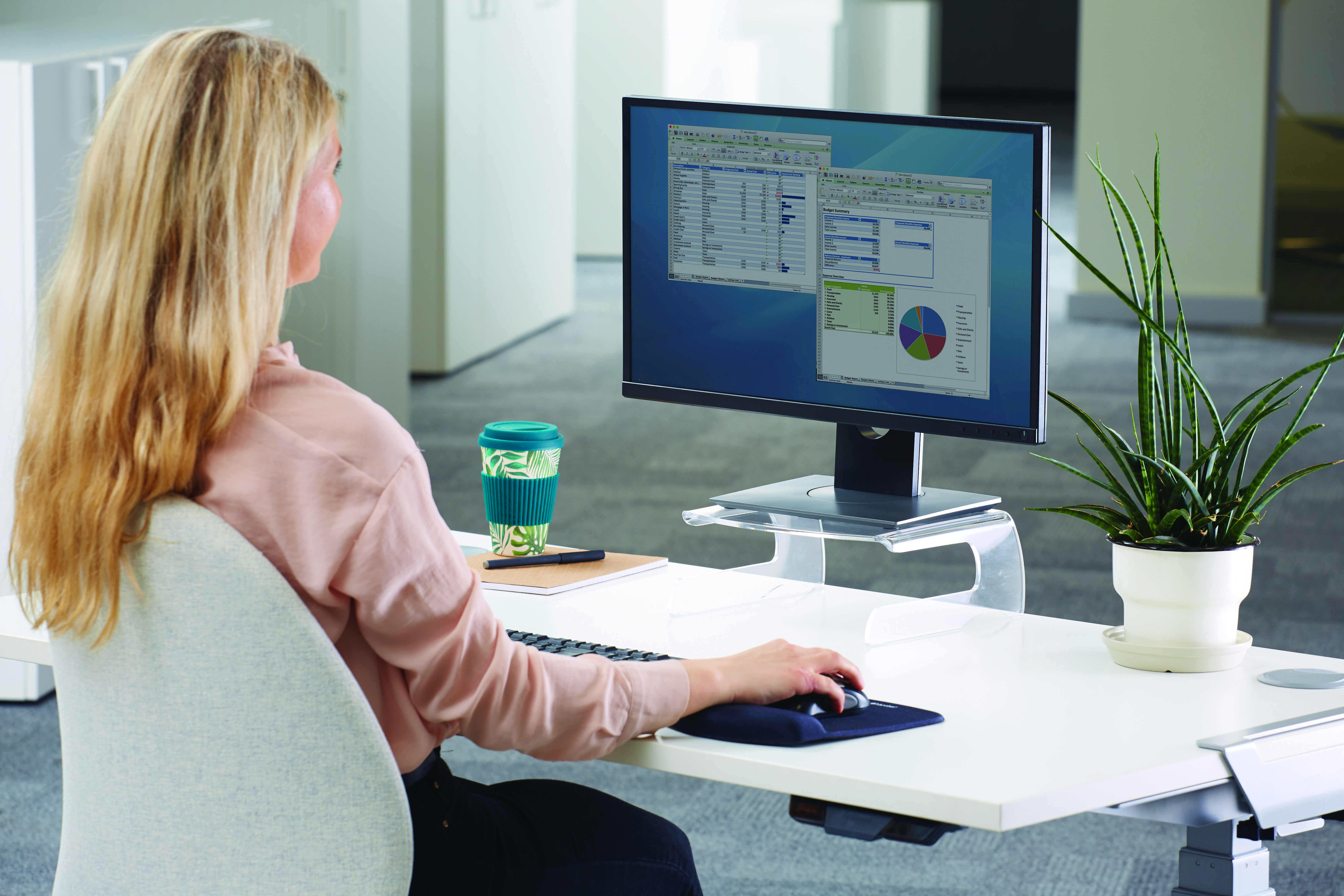 Eine Frau arbeitet an einem Schreibtisch mit Computer und Pflanze. Sie schaut auf den Bildschirm.
